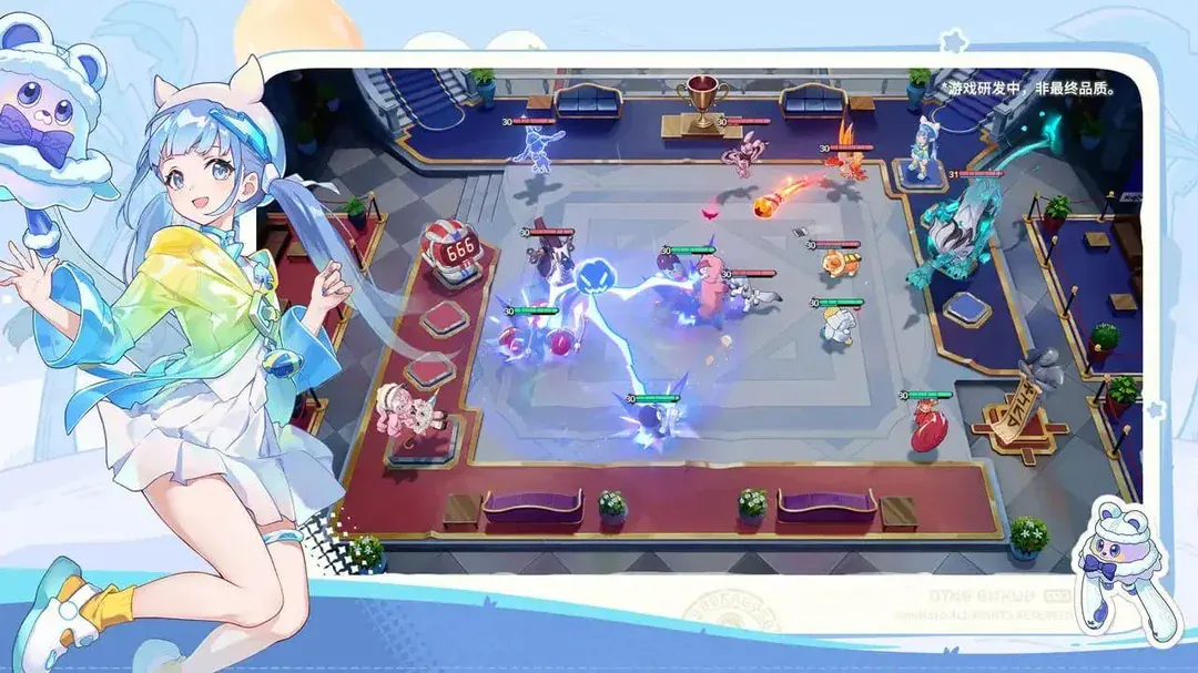 Honkai: Nexus Anima gameplay screenshot showing chibi champions and pet units on the auto chess battlefield